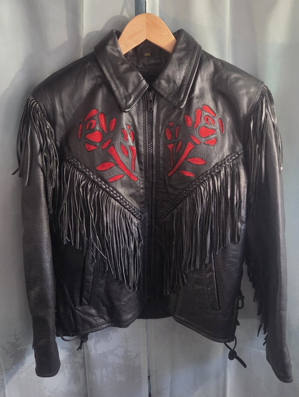 Barney's Leather Black Leather Motor Jacket with Rose and Fringe